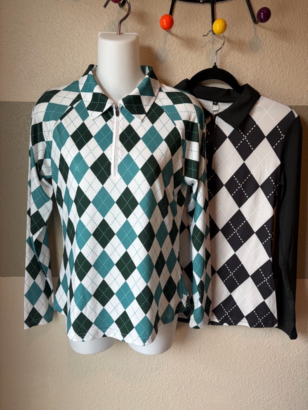 Two Women’s XS Golf Argyle Quarter Zip Pullover Long Sleeve Polo Shirt UPF Lot